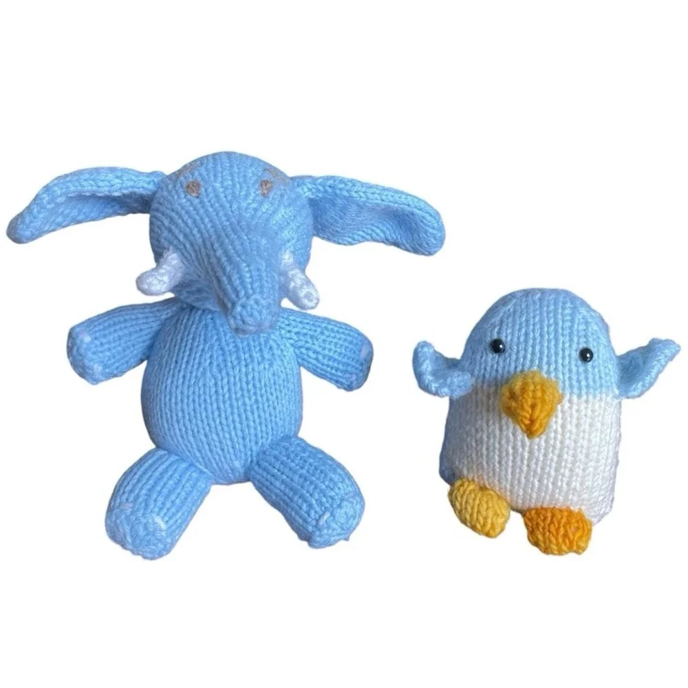Handmade Elephant Penguin Knitted Blue Toys Small Stuffed Baby Animals Set of 2